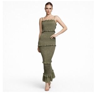 MABLE‎ Esme Olive Green Smocked Tiered Ruffle Midi Dress Wedding Guest Sz Medium